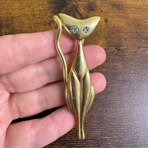 Gold Tone Slim Cat Brooch with Rhinestone Eyes - Picture 8 of 11
